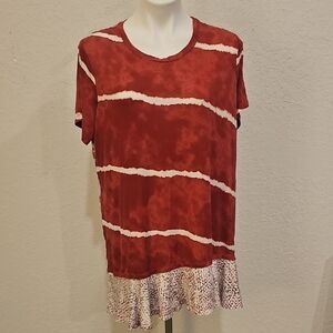 1X LOGO by Lori GOLDSTEIN Red Tie-Dye Top with Ruffle Hem
